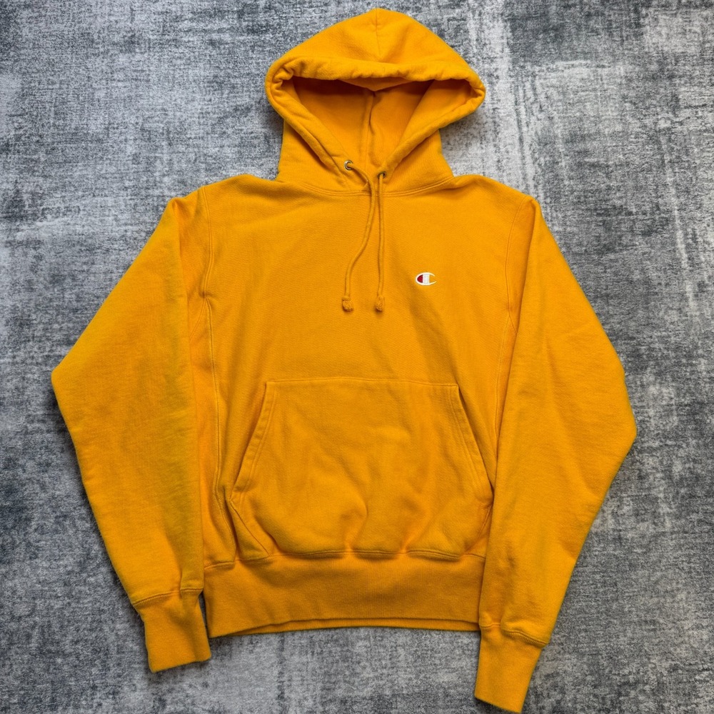 Champion Reverse Weave Hoodie Adult Small Yellow Heavyweight Cotton Sweatshirt
